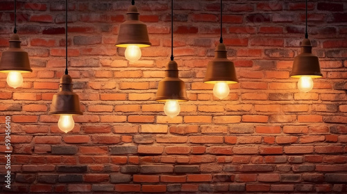 Many pendant lamps against a red brick wall