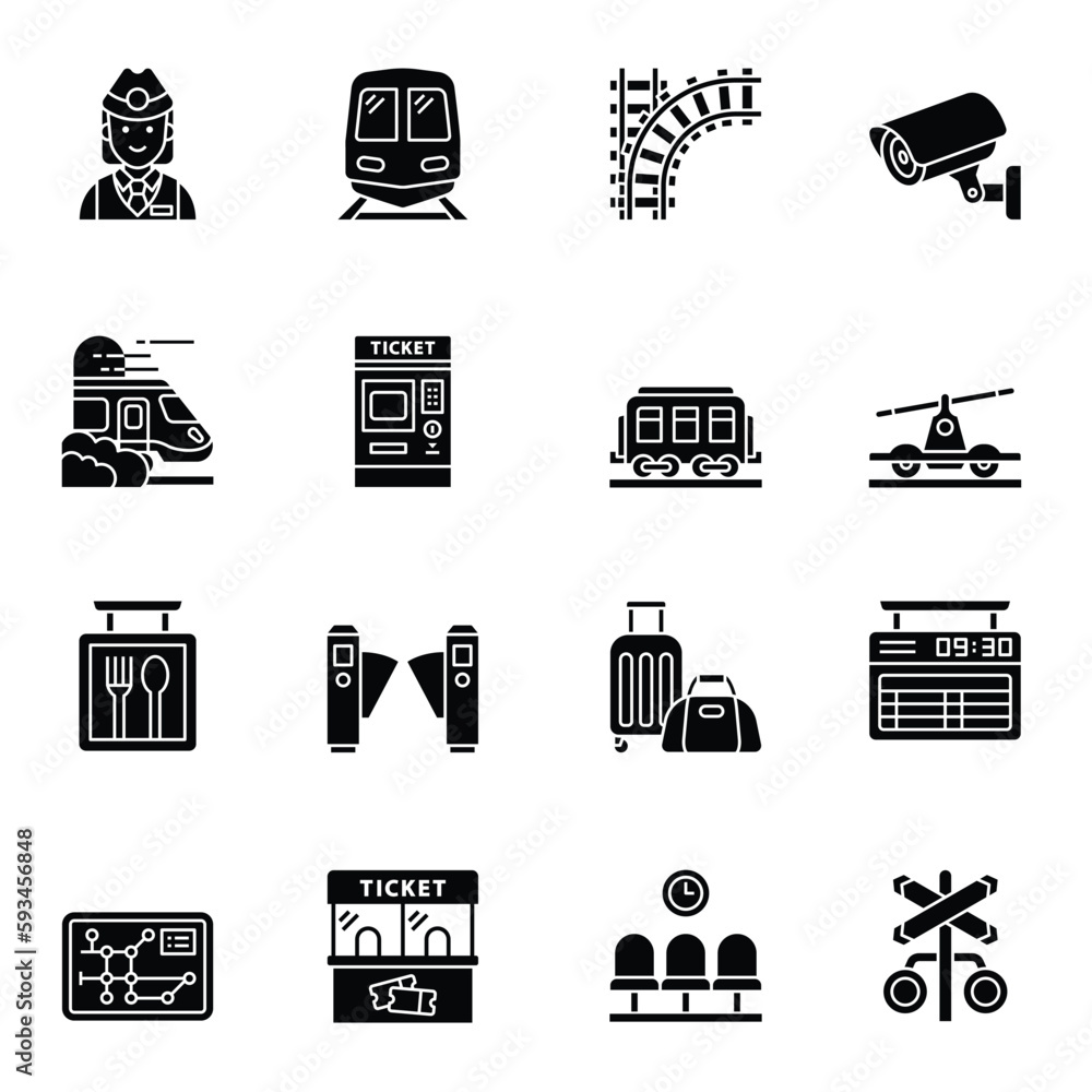 Vetor de Train and railways glyph icon set 2. intercity, international, freight trains, symbols