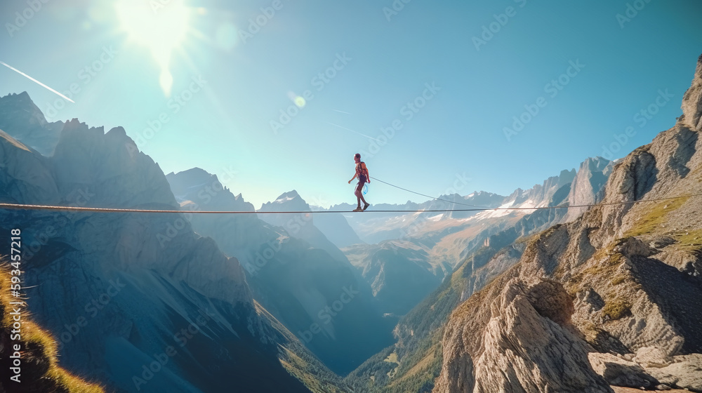 Rope walker in mountains. Highliner on rope. Man catches balance. Generative AI. High quality illustration
