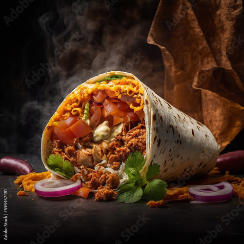 burrito and shawarma wraps with beef and pork vegetables on wooden table photo