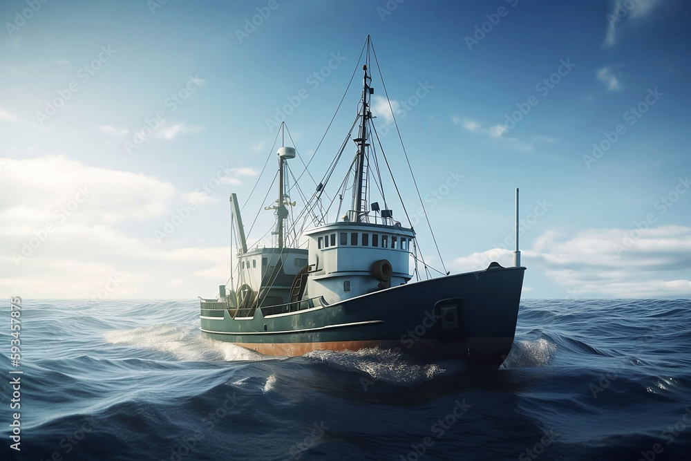 Fototapeta premium Illustration of Large Fishing Trawler Boat on the Ocean