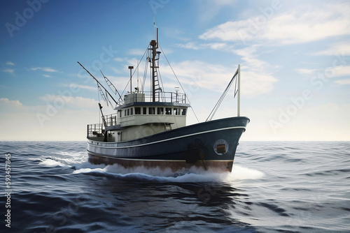 Illustration of Large Fishing Trawler Boat on the Ocean © Thares2020