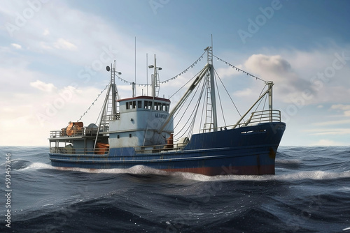 Illustration of Large Fishing Trawler Boat on the Ocean
