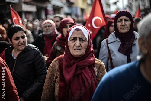 old asian woman in turkey or Republic of Türkiye elections street march, with banners in background