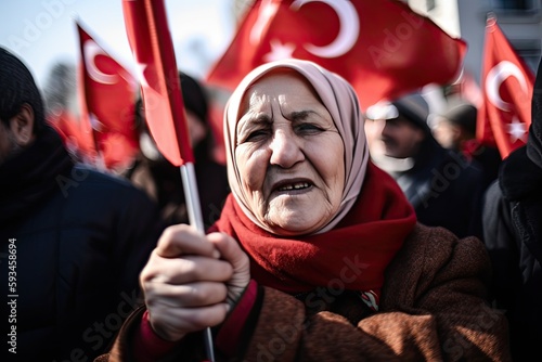 elderly asian woman in turkey or Republic of Türkiye elections protest, with banners in background