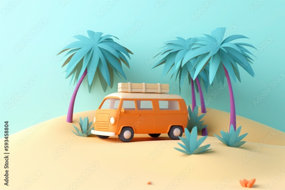 Travel Van on the beach with Palm Tree. Generative AI