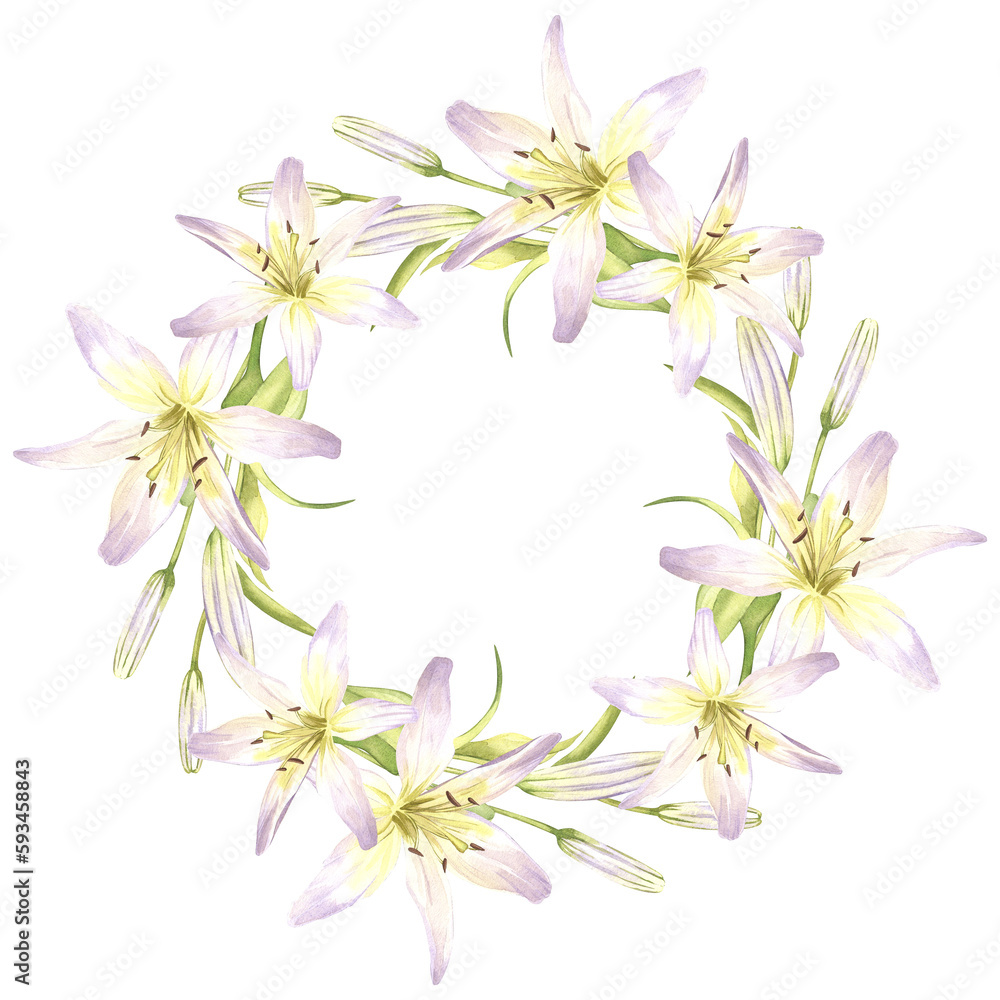 Wreath of white lily flowers. Watercolor illustration for wedding invitation, save the date. Summer flowers with space for text.
