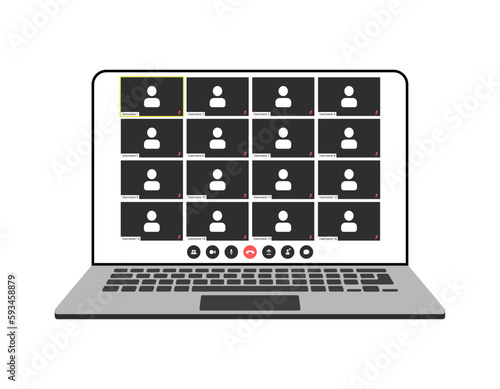 Videocall interface, video call screen icons and UI template for laptop, vector overlay. Video conference or videocall online chat mockup for laptop application with call buttons