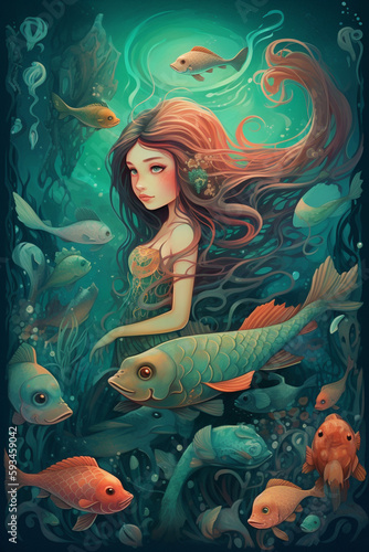 Enchanting Underwater Adventure with Cute Little Mermaid in Comic Style Digital Painting