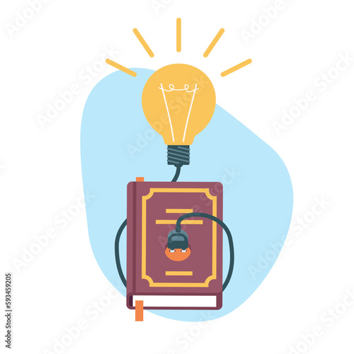 Book with light bulb idea above it, concept of gaining knowledge from books. Finding solution, innovation lamp, vector cartoon flat creative brainstorming or education illustration