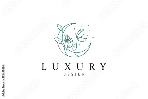Elegant crescent moon logo with flower plant combination and flying butterfly in linear design style