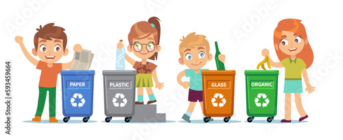Children throw sorted trash in cans with recycling signs. School kids separating waste in plastic color dumpsters. Taking care of environment, cartoon flat illustration. Vector concept