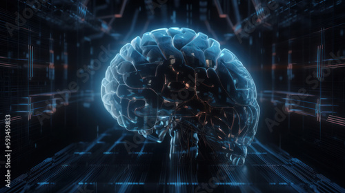 Futuristic android brain on circuit board background representing the AI concept. AI is Generative machine learning.