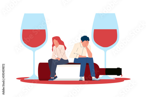 Concept of alcohol addiction, man and woman sitting on bottle of wine. Young characters drinking, sad people pernicious habits. Cartoon flat illustration. Vector drunkenness concept