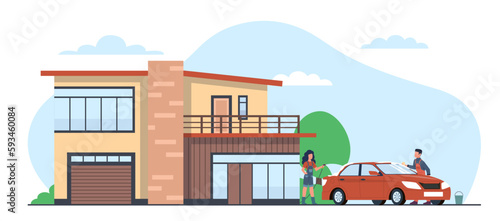 Couple washes car in front of country house. Family cleaning automobile outdoors using shampoo and hose. Clearing vehicle on home yard, cottage facade cartoon flat style vector concept