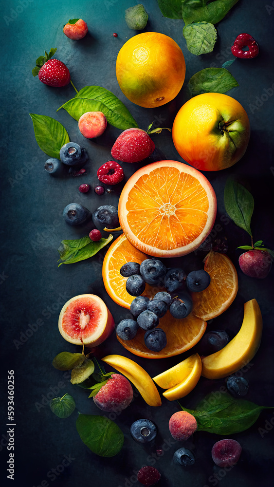 Bright vertical background with fresh fruits created with Generative AI technology Bright vertical background with fresh fruits created with Generative AI technology