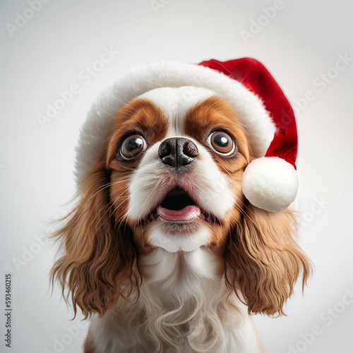 Smiling Cavalier in a hat with a pompom The cute dog is looking forward. Generative AI