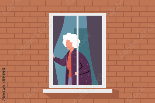 Elderly woman alone, sad elderly female character looking out window of her house. Unhappy or sad grandmother feels lonely, suffering from depression. Cartoon flat vector concept