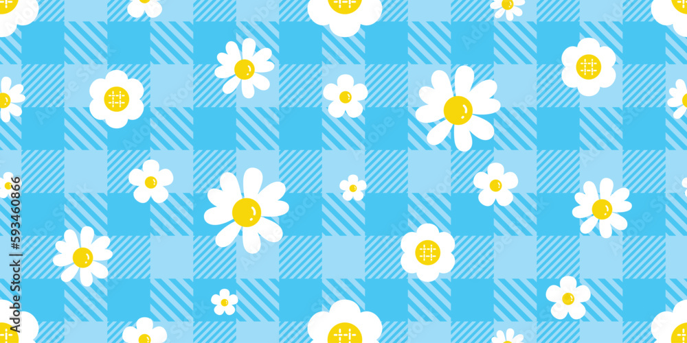 daisy flower seamless pattern vector tartan plaid checked gift wrapping paper cartoon tile background repeat wallpaper scarf isolated doodle illustration design