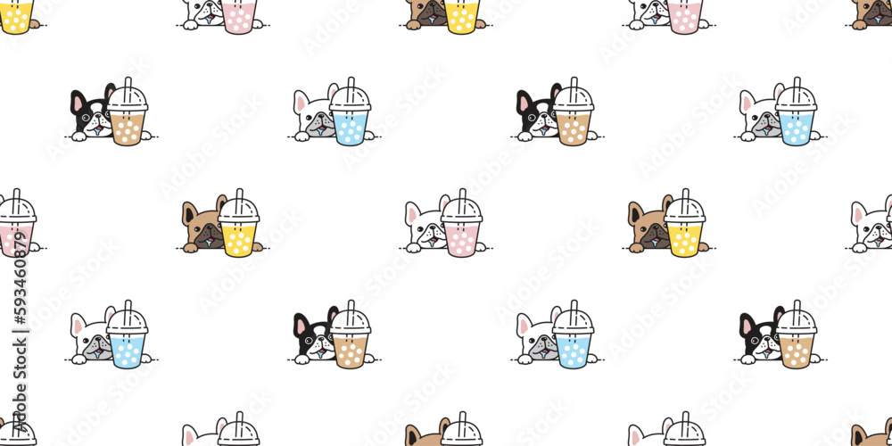 Fototapeta premium dog seamless pattern french bulldog boba tea bubble milk tea drink vector pet puppy cartoon gift wrapping paper tile background repeat wallpaper doodle scarf isolated illustration design