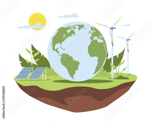Environmental protection. Wind farms and solar panels. Eco green energy. Save planet. Protect nature Earth. Green planet environment. Cartoon flat illustration. Vector ecology concept