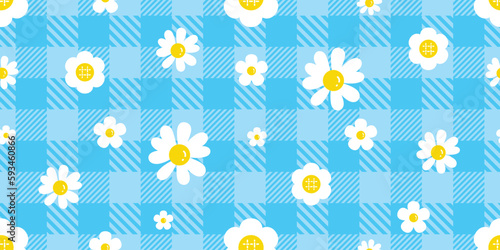 daisy flower seamless pattern vector tartan plaid checked gift wrapping paper cartoon tile background repeat wallpaper scarf isolated doodle illustration design