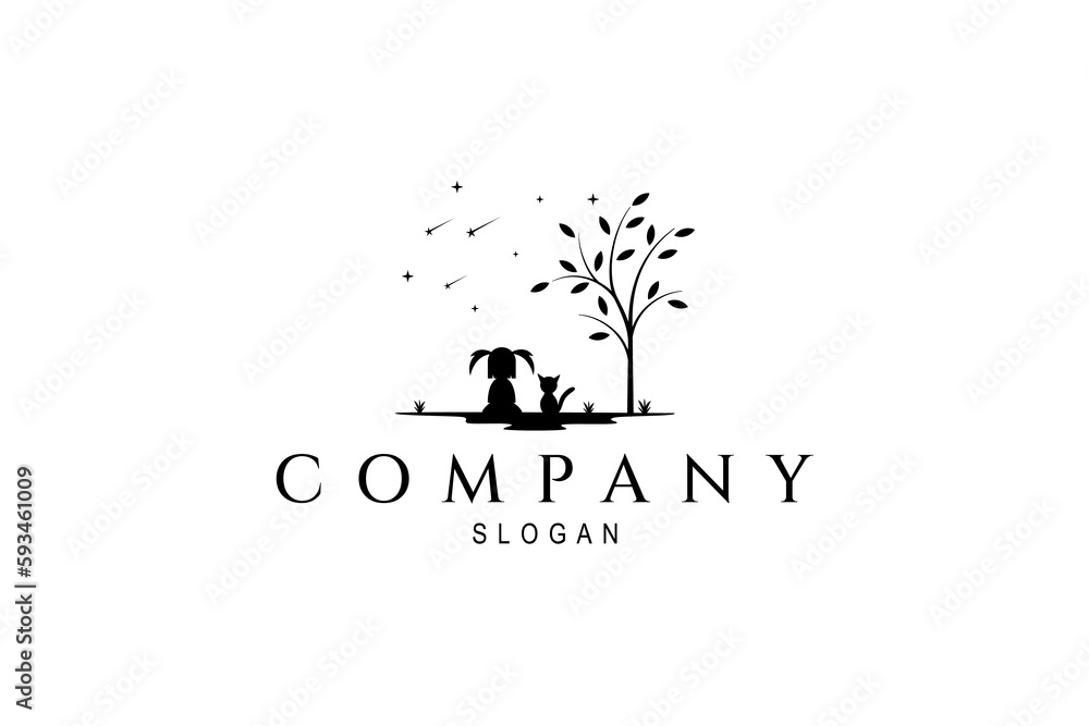 Vector logo which is an abstract image of a little girl sitting with a cat enjoying the view under a tree on a star background Vector logo which is an abstract image of a little girl sitting with a cat enjoying the view under a tree on a star background