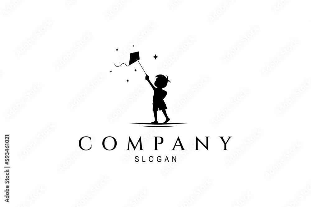Silhouette logo of little boy playing kite in flat design style Silhouette logo of little boy playing kite in flat design style