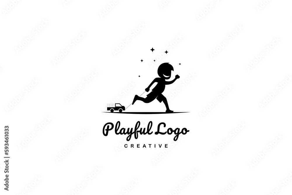 Vector logo which a silhouette image of little boy playing with toy car