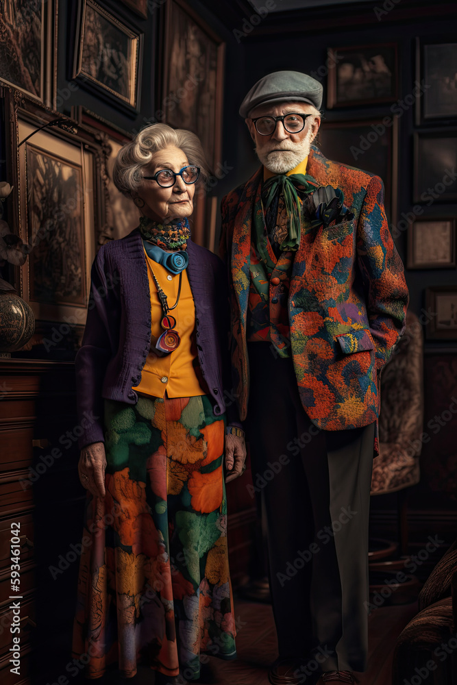 Fototapeta premium fashion editorial illustration, happy senior woman in pink dress