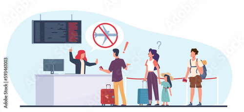 Flight delay or cancellation, passengers upset by flight termination. People registers waiting plane departure, travellers with luggage in queue cartoon flat illustration. Vector concept