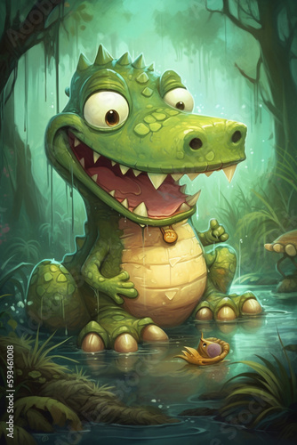 Crocodile Adventures in a Magical World: A Colorful Comic-Style Digital Painting © artefacti