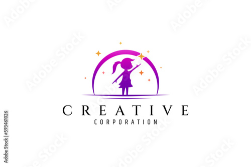 Silhouette logo of little girl reaching for stars on moon background