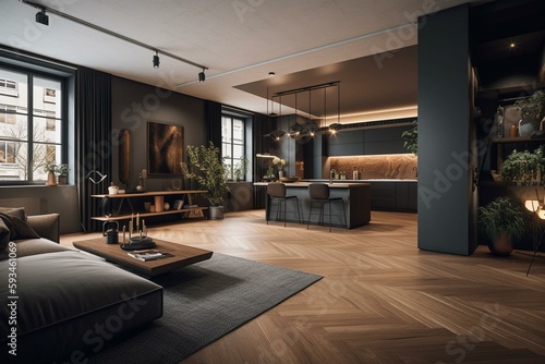 luxury studio apartment with a free layout in a loft style in dark colors. Stylish modern room area with wooden floor parquet and 3d panel wall. 3d render. Generative AI