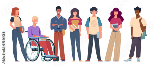 Group of multicultural students, disabled guy sitting in wheelchair. Young people in modern clothes standing. Teenagers in college or university cartoon flat illustration. Vector concept