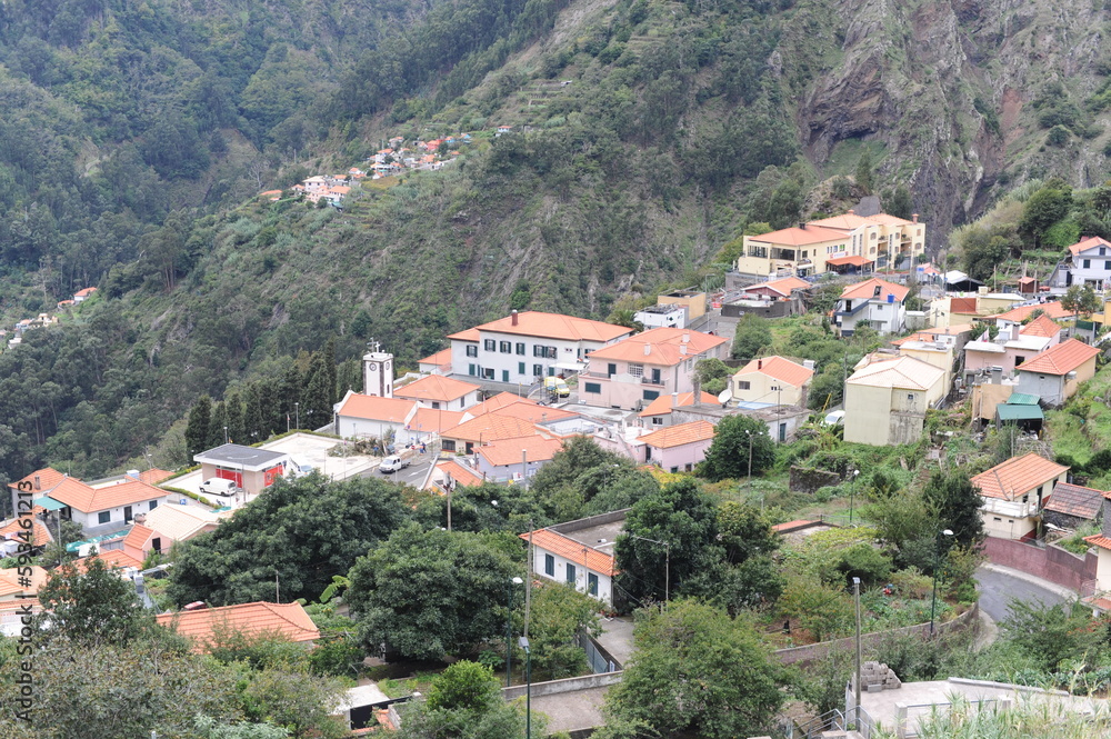 Beautiful natural landscape of Valley of Nuns (Curral das Freiras) with a scenic village in a mountain valley on the island of Madeira, Portugal, Europe