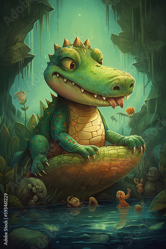 Crocodile Adventures in a Magical World: A Colorful Comic-Style Digital Painting © artefacti