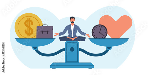 Man sits on huge scale, balancing finances and love. Choosing between money and family. Alternative solutions. Business or romantic relationships. Thinking character cartoon flat vector concept