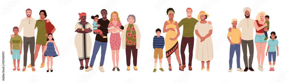 Obraz premium Multinational family. Mixing of ethnic groups, happy people with grandparents and children, national clothing elements relationships and parenthood concept, cartoon flat tidy vector set