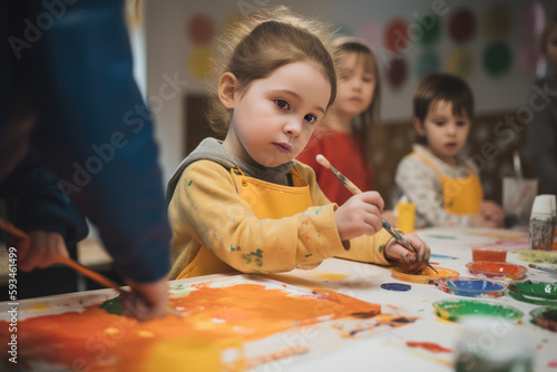 Children working on a painting with teacher in art class, little girl holding a paintbrush while enjoying art lesson, creativity and self - expression, AI Generated