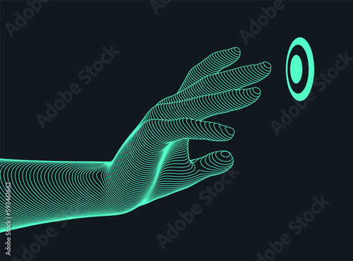 The hand presses the index finger on the start button a virtual interface.  Technologies of the future. Connection structure. 3D vector illustration for science, technology or education.
