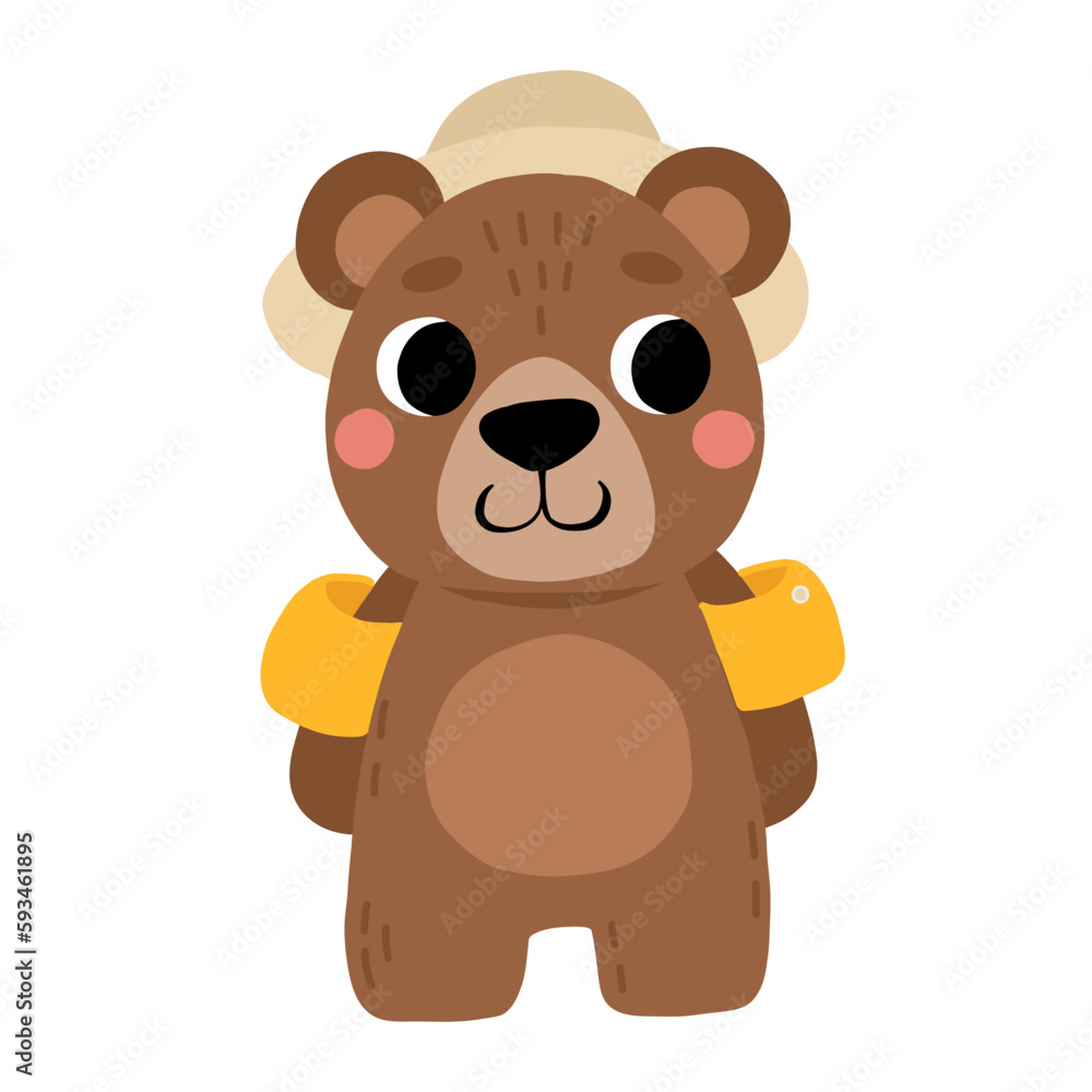 Cute cartoon brown bear in hat. Isolated summer vector illustration for childrens book. Cute cartoon brown bear in hat. Isolated summer vector illustration for childrens book.