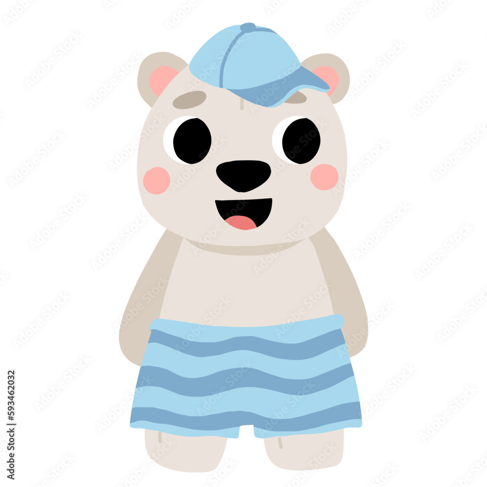 Cute cartoon baby polar bear in hat and swim shorts smiling. Isolated vector illustration for childrens book. Cute cartoon baby polar bear in hat and swim shorts smiling. Isolated vector illustration for childrens book.