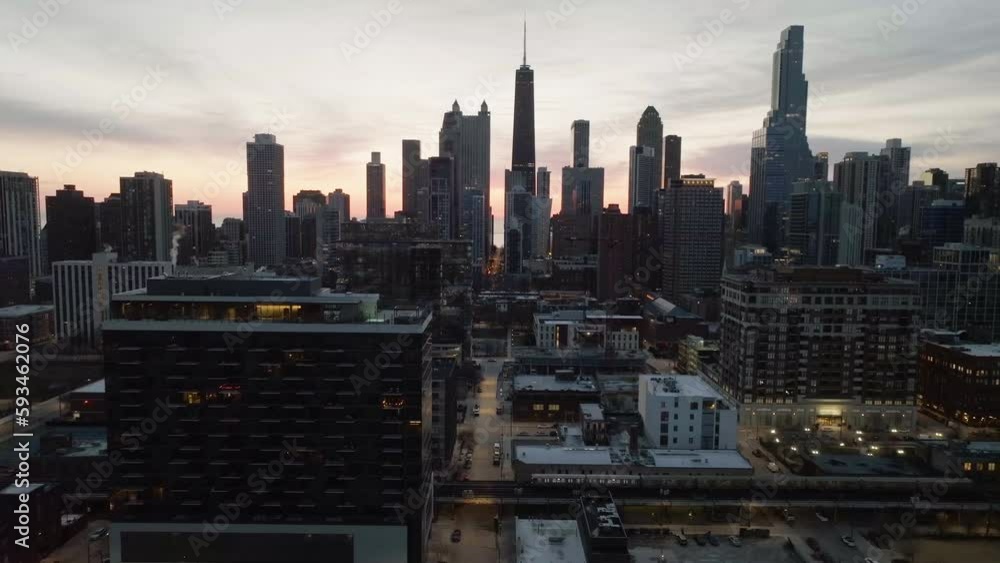 Serene, quiet morning in Near north side, Chicago city, USA - static, aerial view Serene, quiet morning in Near north side, Chicago city, USA - static, aerial view