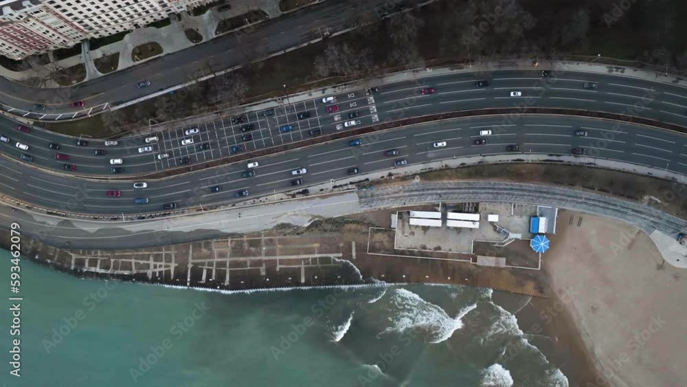 Aerial view of traffic on highway 41, on the coast of Chicago, USA - cenital, drone shot Aerial view of traffic on highway 41, on the coast of Chicago, USA - cenital, drone shot