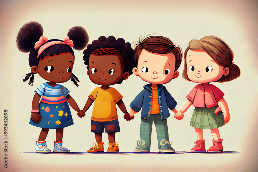 Multicultural group of cartoon children holding hands (Generative AI) Multicultural group of cartoon children holding hands (Generative AI)
