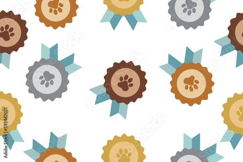 Gray Pet award symbol icon isolated on seamless pattern. Badge with dog or cat paw print and ribbons. Pet show winner concept. Vector illustration.