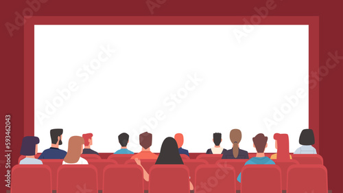 People sitting in theater, movie cinema and looking at big blank screen, view from behind. Show announcement, performance on stage. Women and men watching film. Cartoon flat vector concept