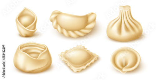 Realistic dumplings. Isolated asian, italian and caucasian food, boiled dough stuffed with meat, ravioli, khinkali and mantas, 3d isolated elements, banner or menu objects, utter vector set