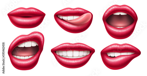 Realistic female lips. Gloss mouths with bright lipstick, 3d isolated body part, different expressions, tongue and white teeth, sticking out tongue, woman beauty red cosmetic utter vector set